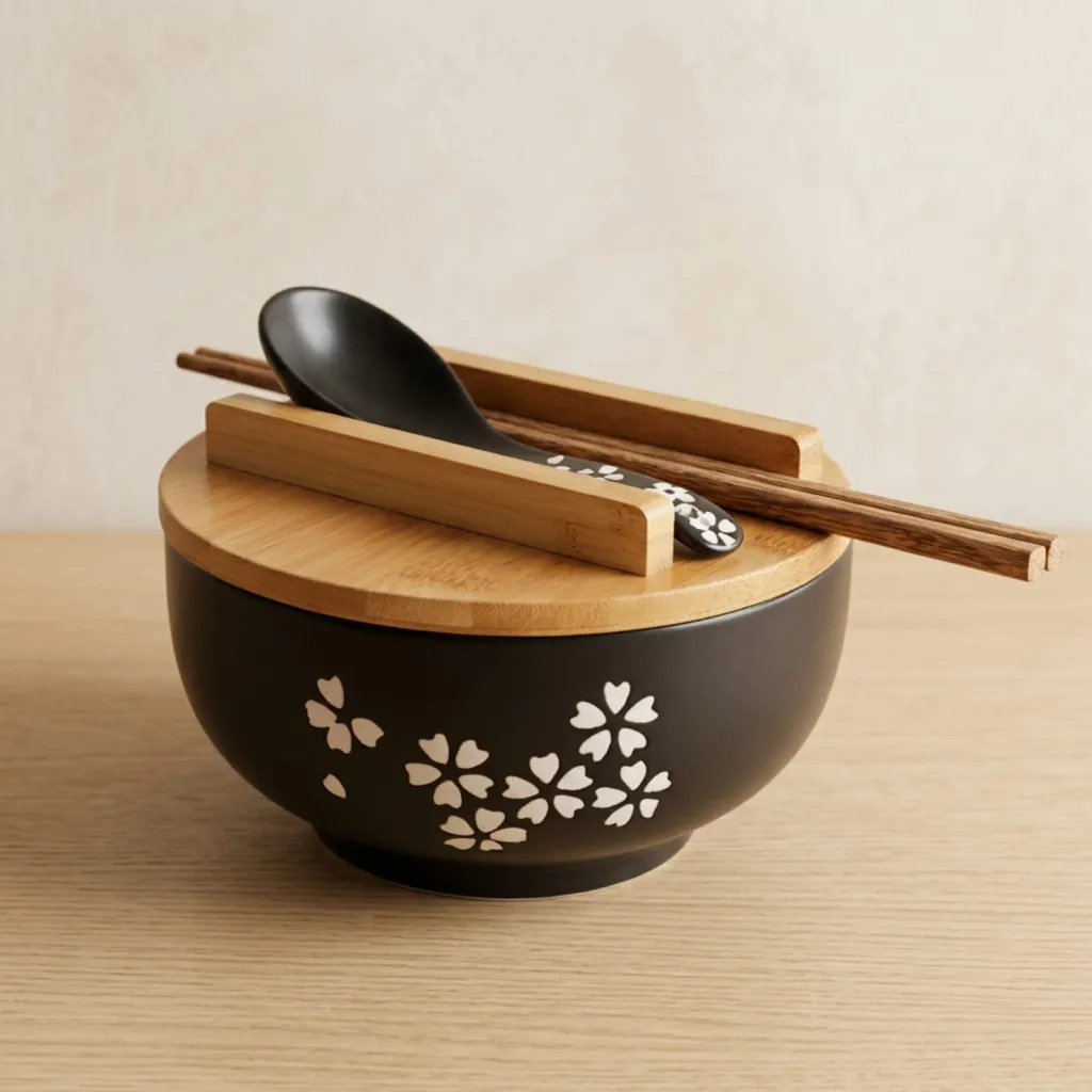 Black Ceramic Japanese Sakura Bowl with Bamboo Lid