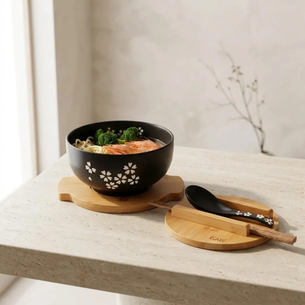 Black Ceramic Japanese Sakura Bowl with Bamboo Lid — a piece designed for serenity