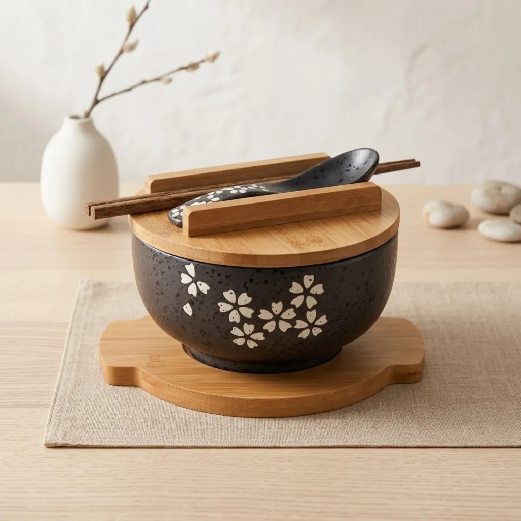 Black Ceramic Japanese Sakura Bowl with Bamboo Lid — where minimalism meets durability