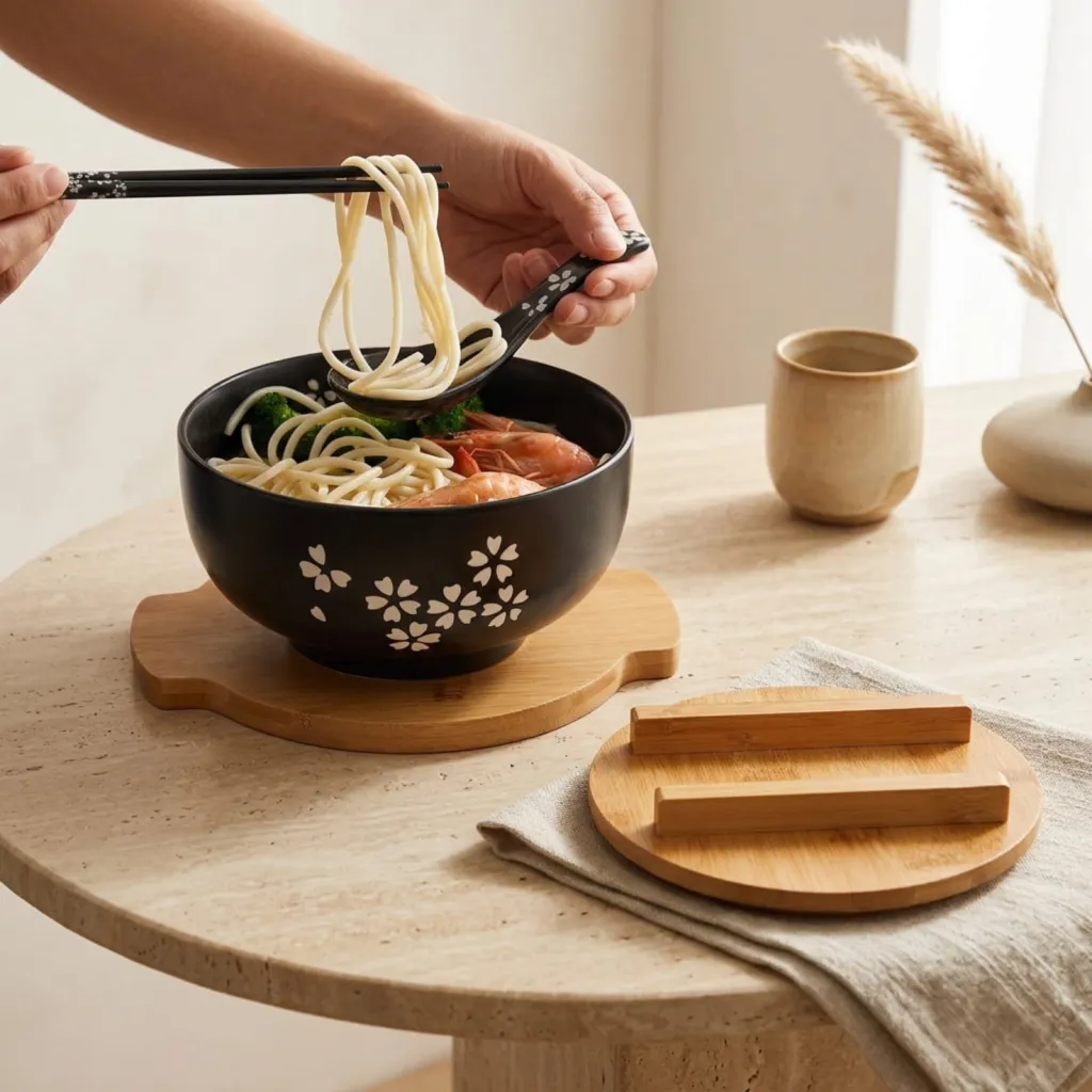 Black Ceramic Japanese Sakura Bowl with Bamboo Lid — flexible, beautiful styling