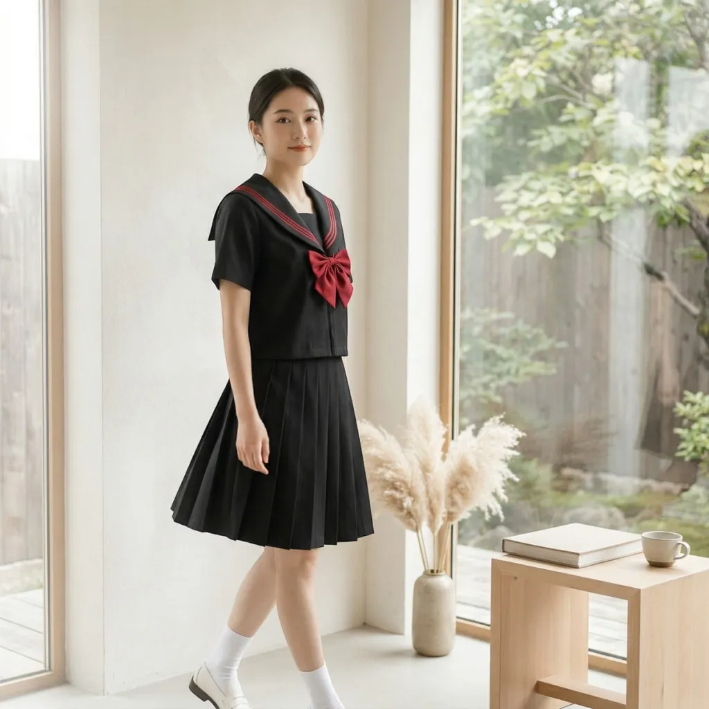 Black Japanese School Uniform with Red Accents — a piece designed for serenity