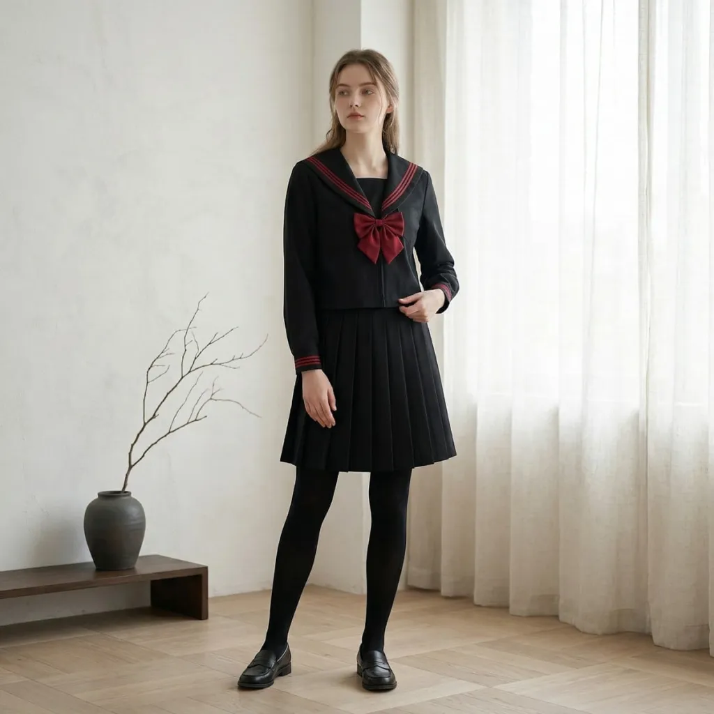 Black Japanese School Uniform with Red Accents — flexible, beautiful styling