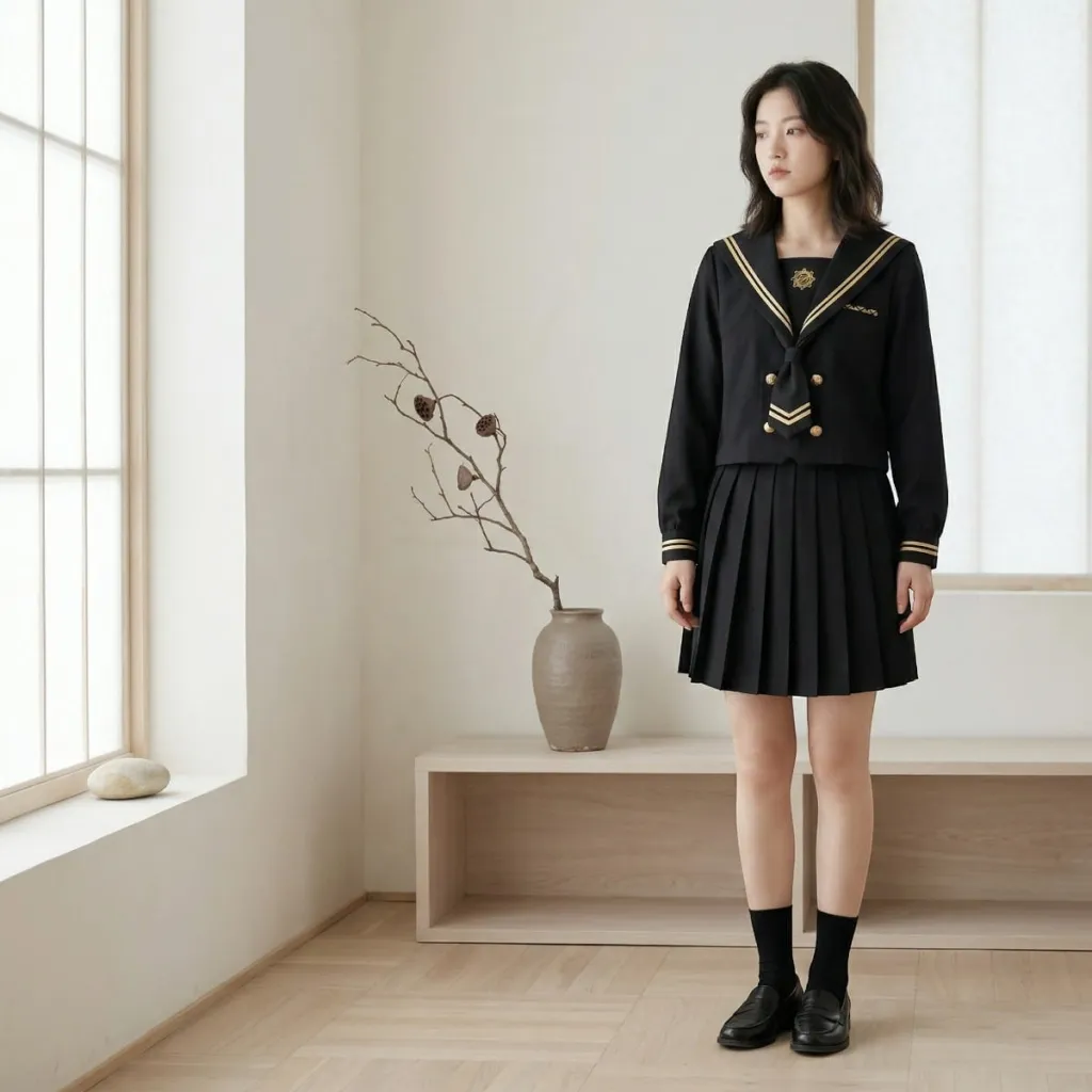 Black Japanese School Uniform for Girls with Gold Trim — a piece designed for serenity