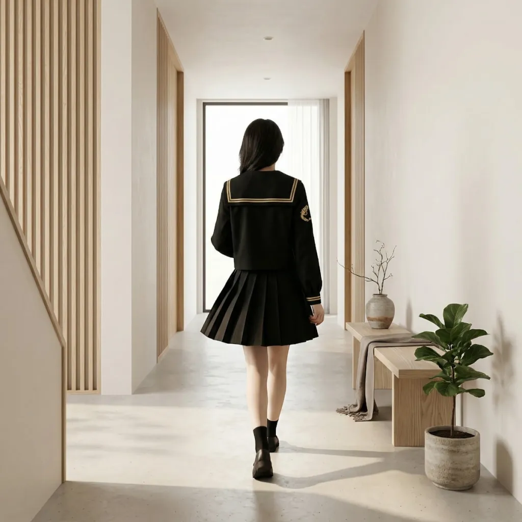 Black Japanese School Uniform for Girls with Gold Trim — flexible, beautiful styling