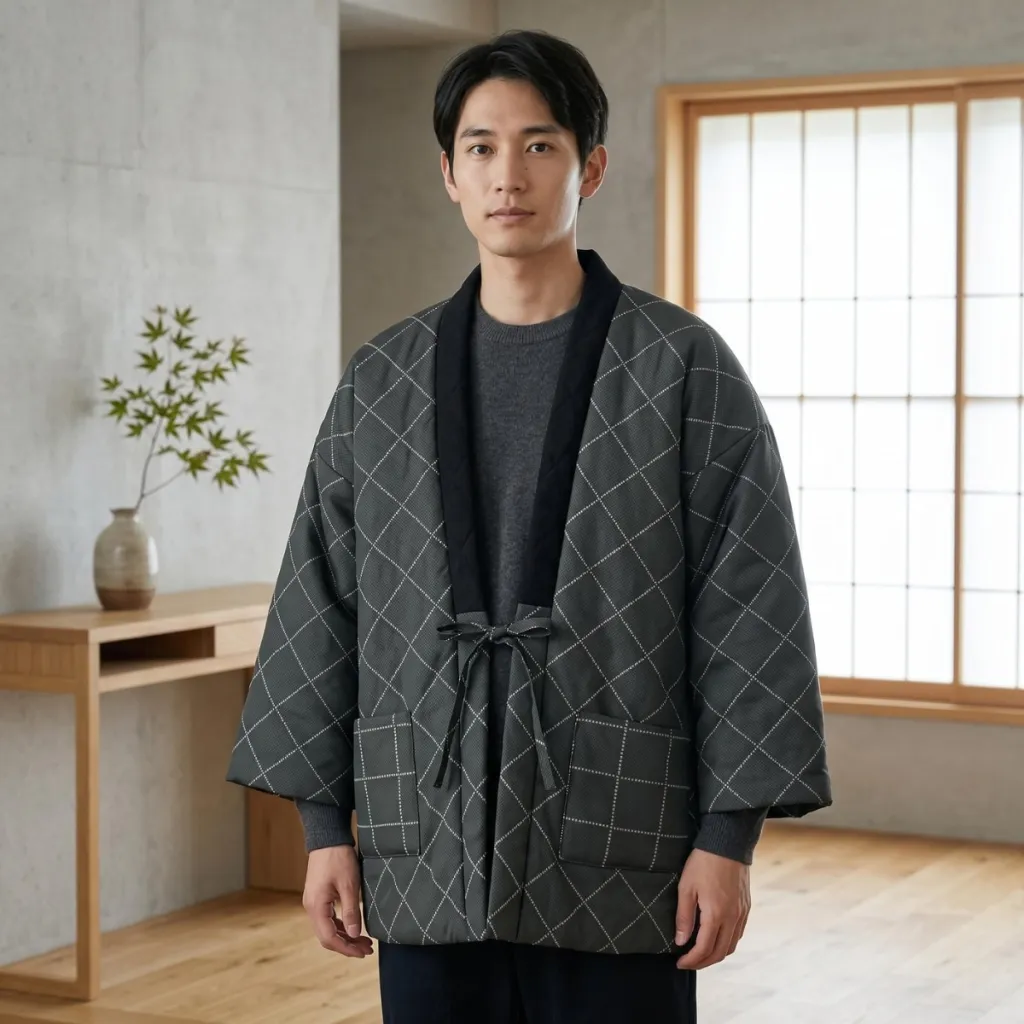 Black Men's Hanten Jacket with Check Pattern