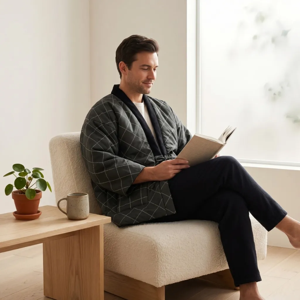 Black Men's Hanten Jacket with Check Pattern — a piece designed for serenity