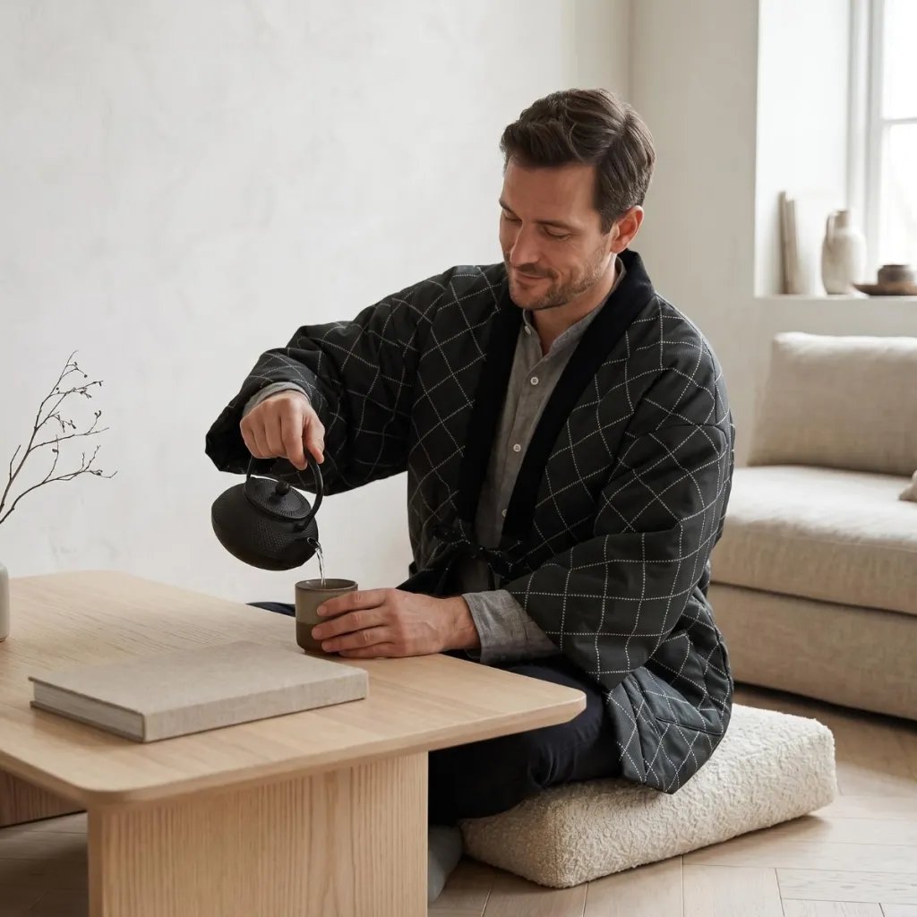Black Men's Hanten Jacket with Check Pattern — flexible, beautiful styling