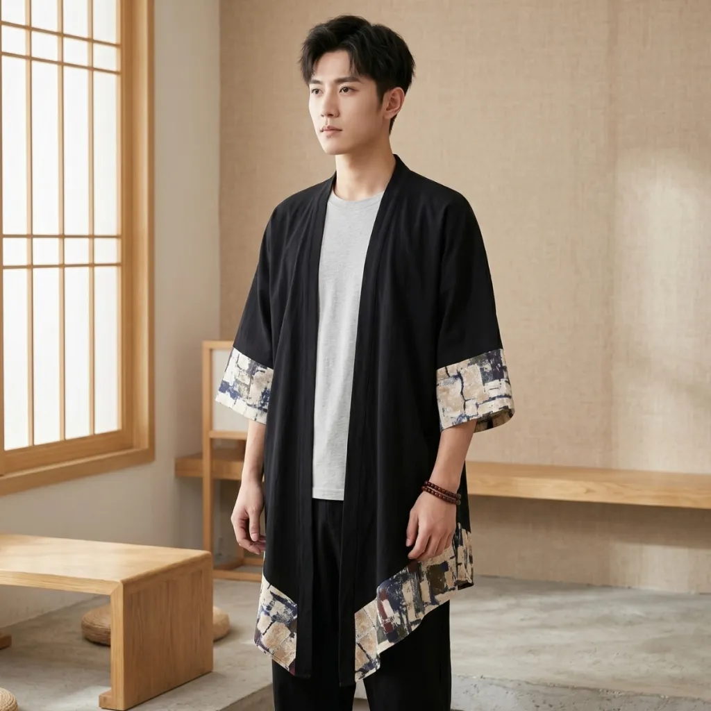 Black Men's Kimono with Abstract-Pattern Borders