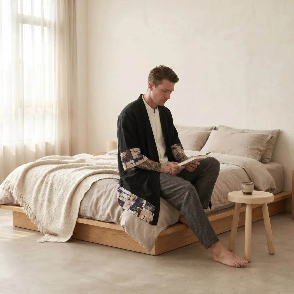 Black Men's Kimono with Abstract-Pattern Borders — a piece designed for serenity