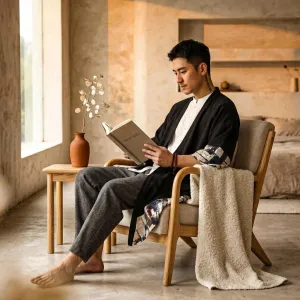 Black Men's Kimono with Abstract-Pattern Borders — view 4