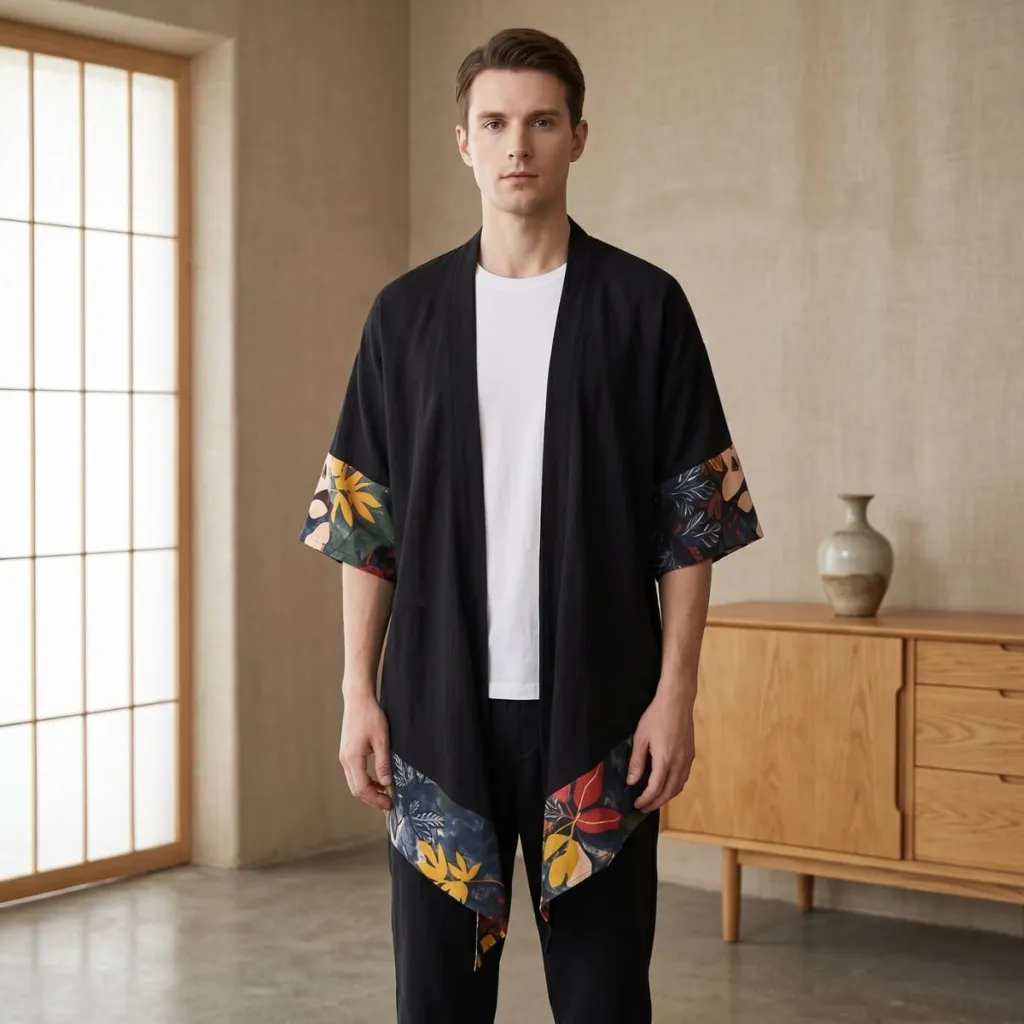 Black Men's Kimono with Leaf-Pattern Borders
