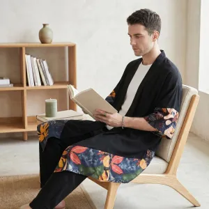Black Men's Kimono with Leaf-Pattern Borders — view 2