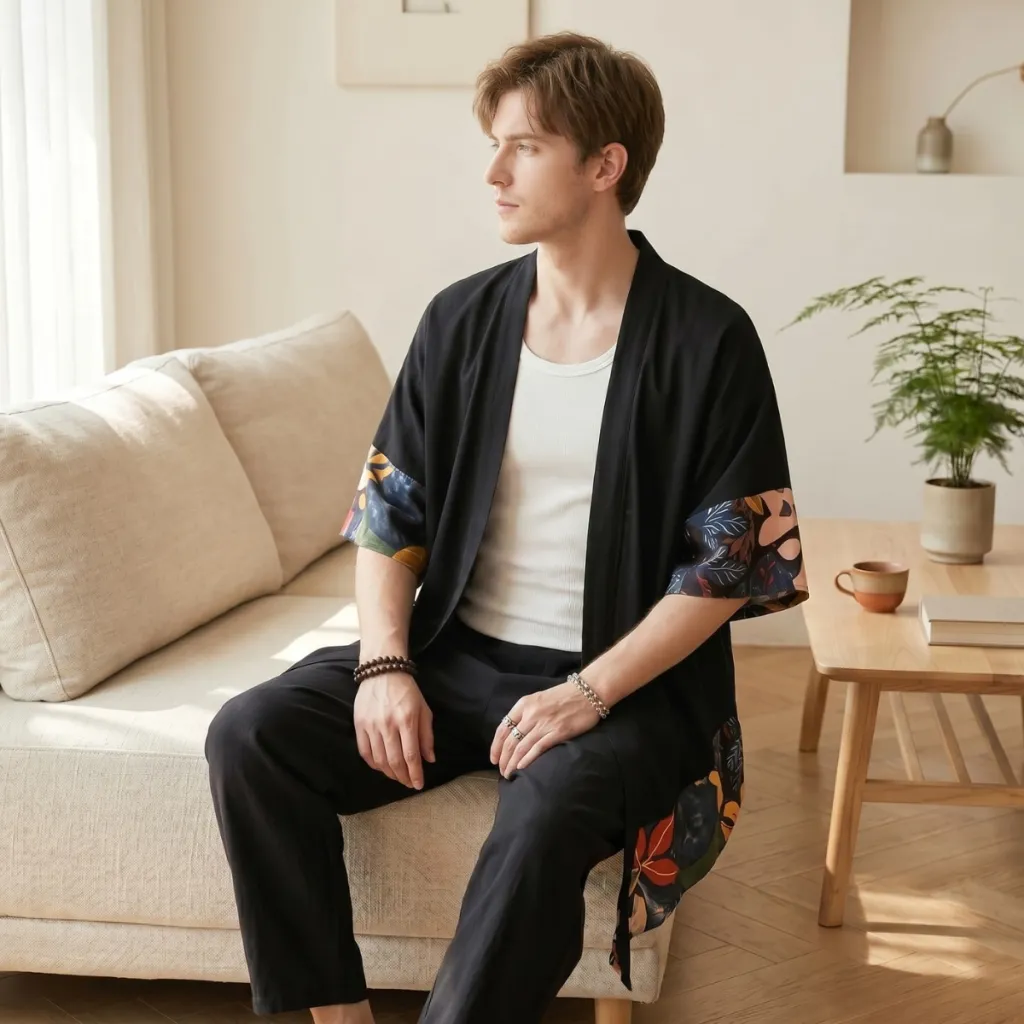 Black Men's Kimono with Leaf-Pattern Borders — flexible, beautiful styling