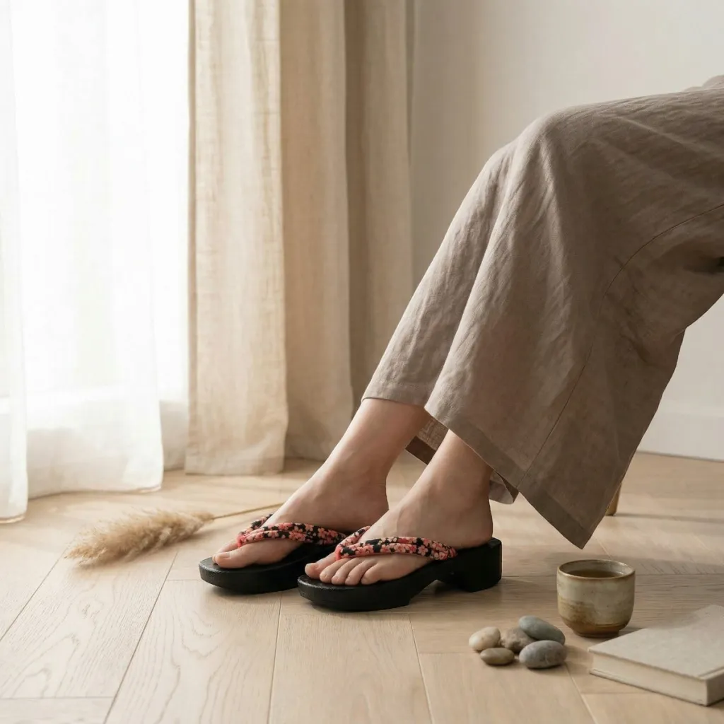 Black Wood Geta Sandals with Sakura Print for Women — flexible, beautiful styling