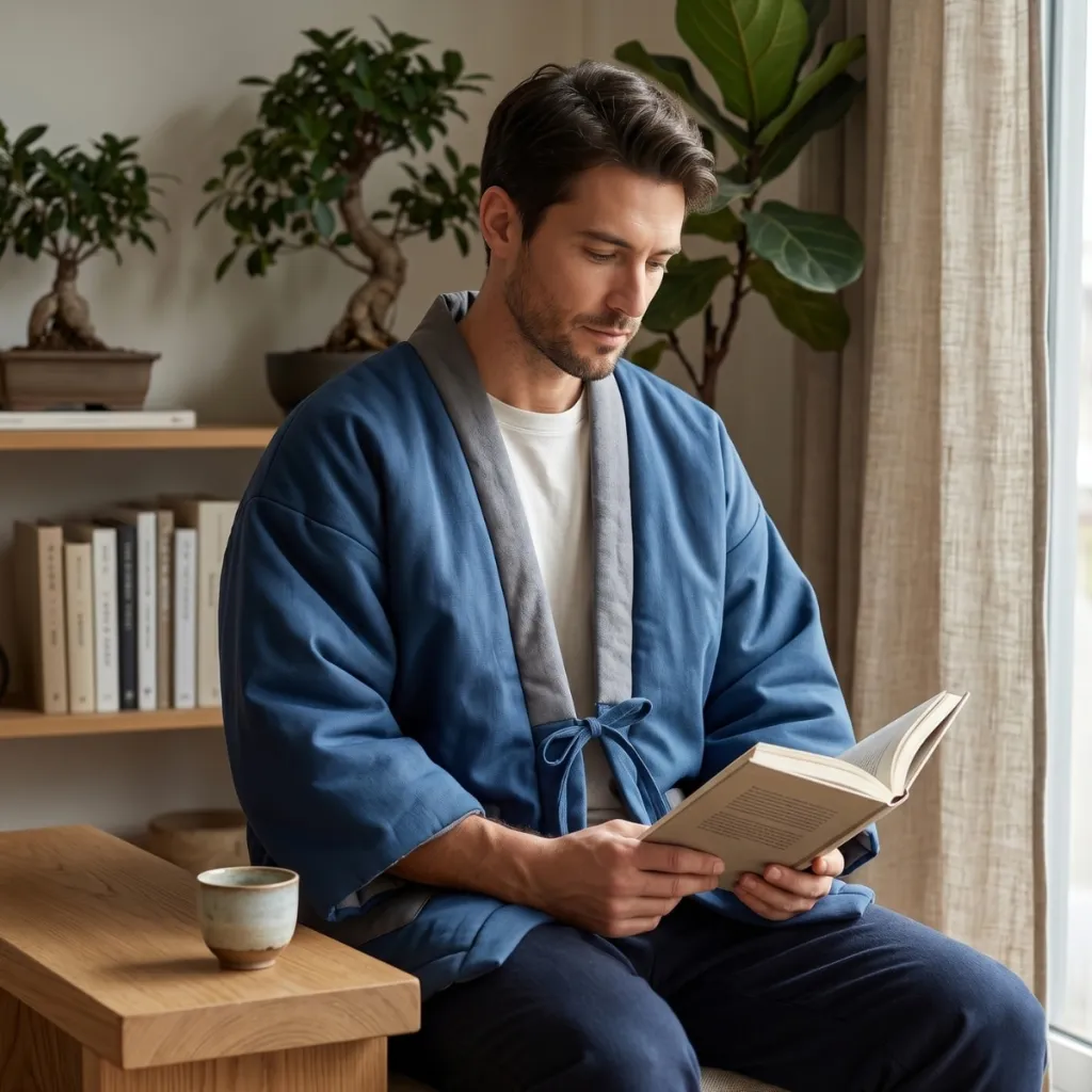 Blue and Gray Men's Hanten Jacket — a piece designed for serenity