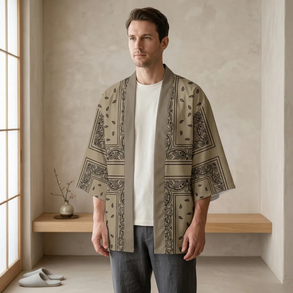Brown Men's Haori Jacket with Paisley Print