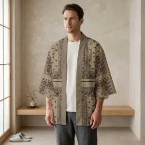 Brown Men's Haori Jacket with Paisley Print — view 1