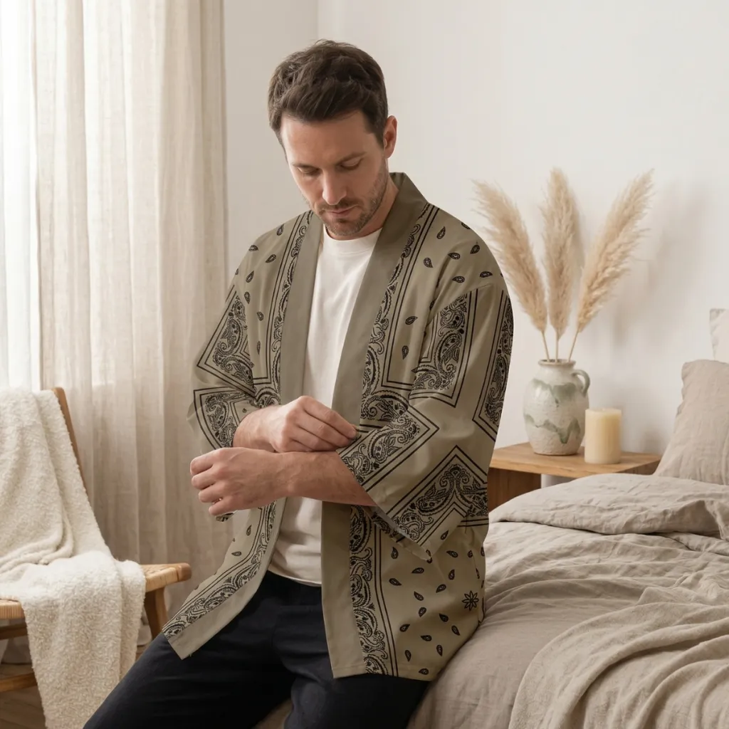 Brown Men's Haori Jacket with Paisley Print — a piece designed for serenity