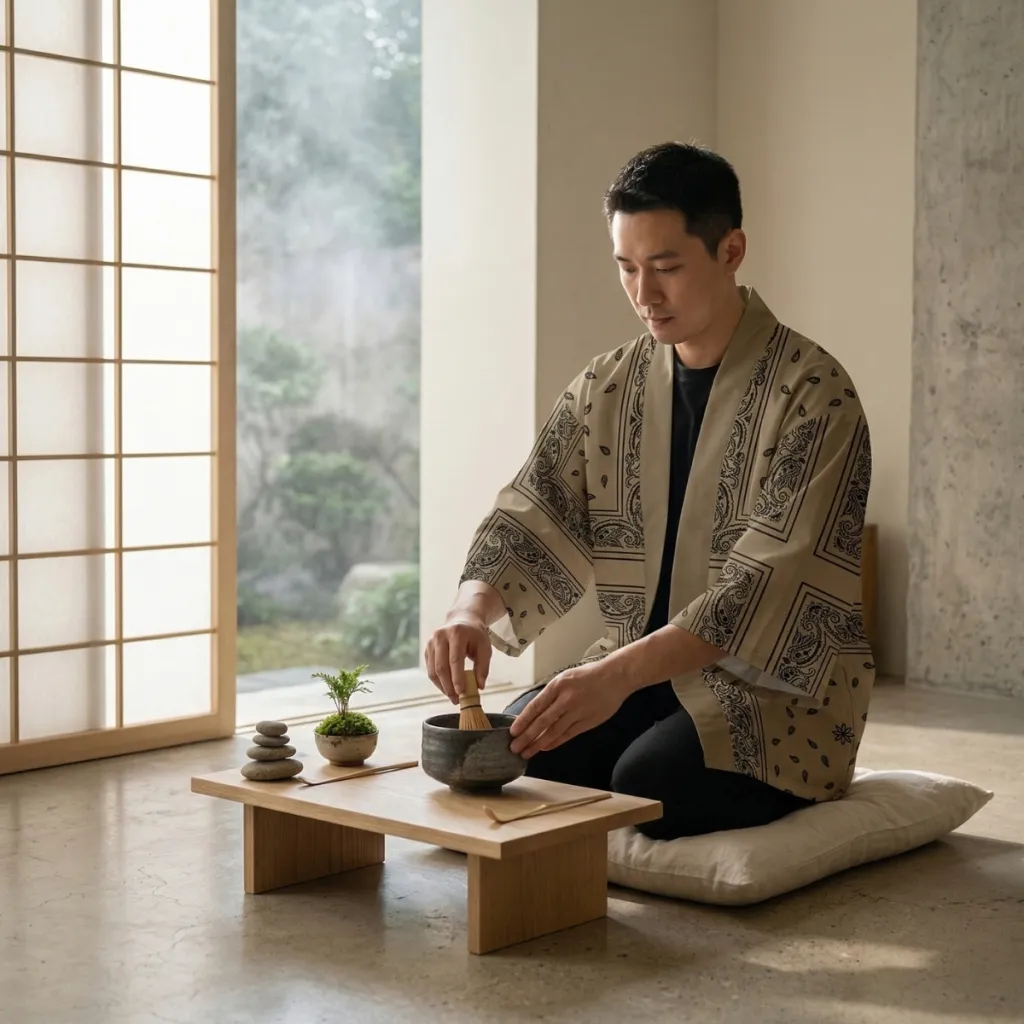 Brown Men's Haori Jacket with Paisley Print — where minimalism meets durability