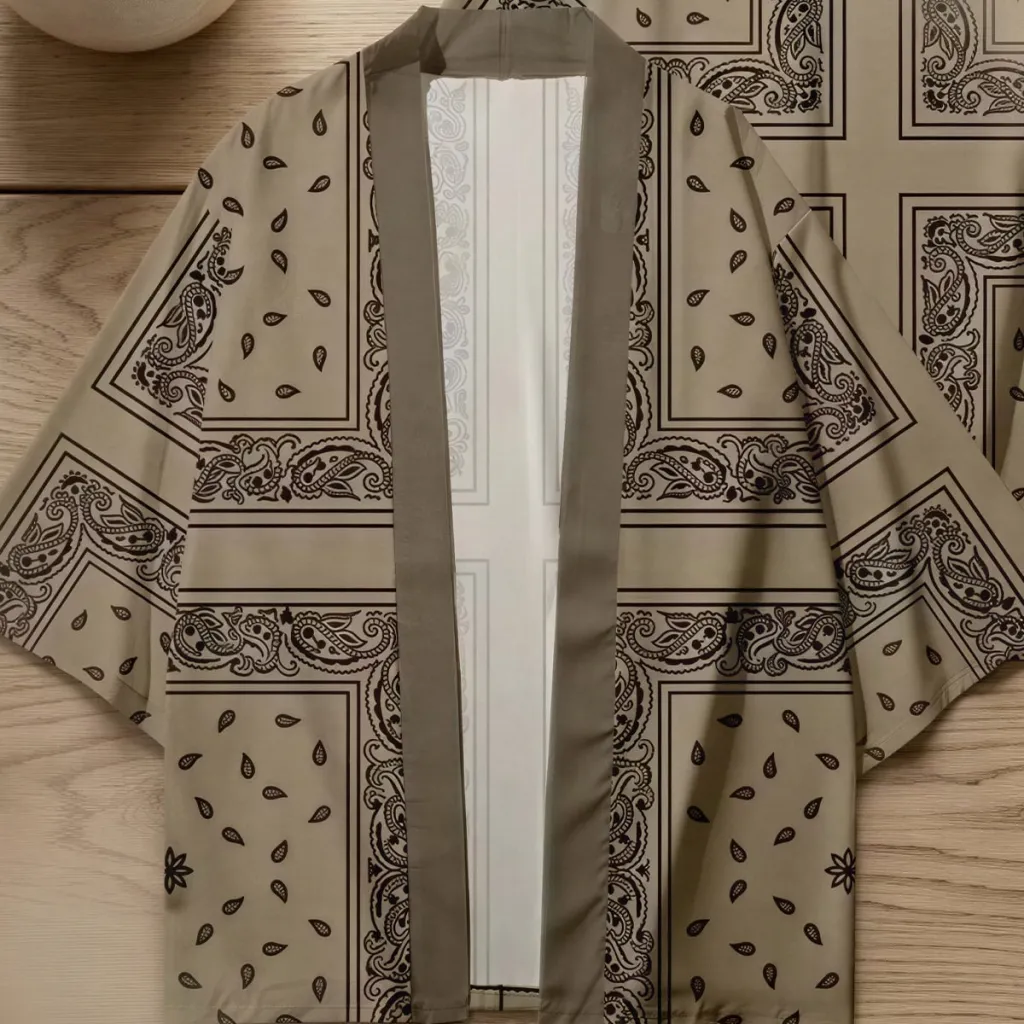 Brown Men's Haori Jacket with Paisley Print — flexible, beautiful styling