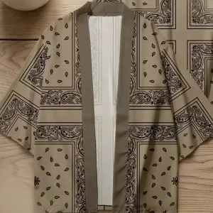 Brown Men's Haori Jacket with Paisley Print — view 4