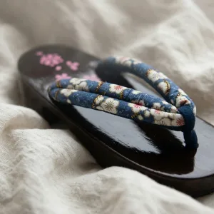 Burgundy Platform Geta Sandals with White Ume Blossom Print — view 4