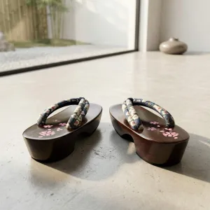 Burgundy Platform Geta Sandals with White Ume Blossom Print — view 5