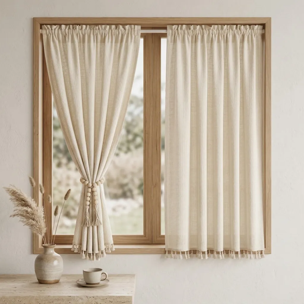 Ecru Cotton Waffle-Weave Japanese Window Curtain