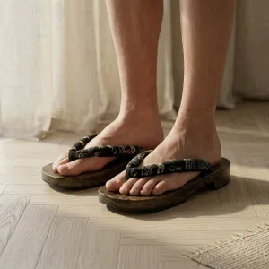 Flat Black Geta Sandals with White Kanji Motifs — view 1