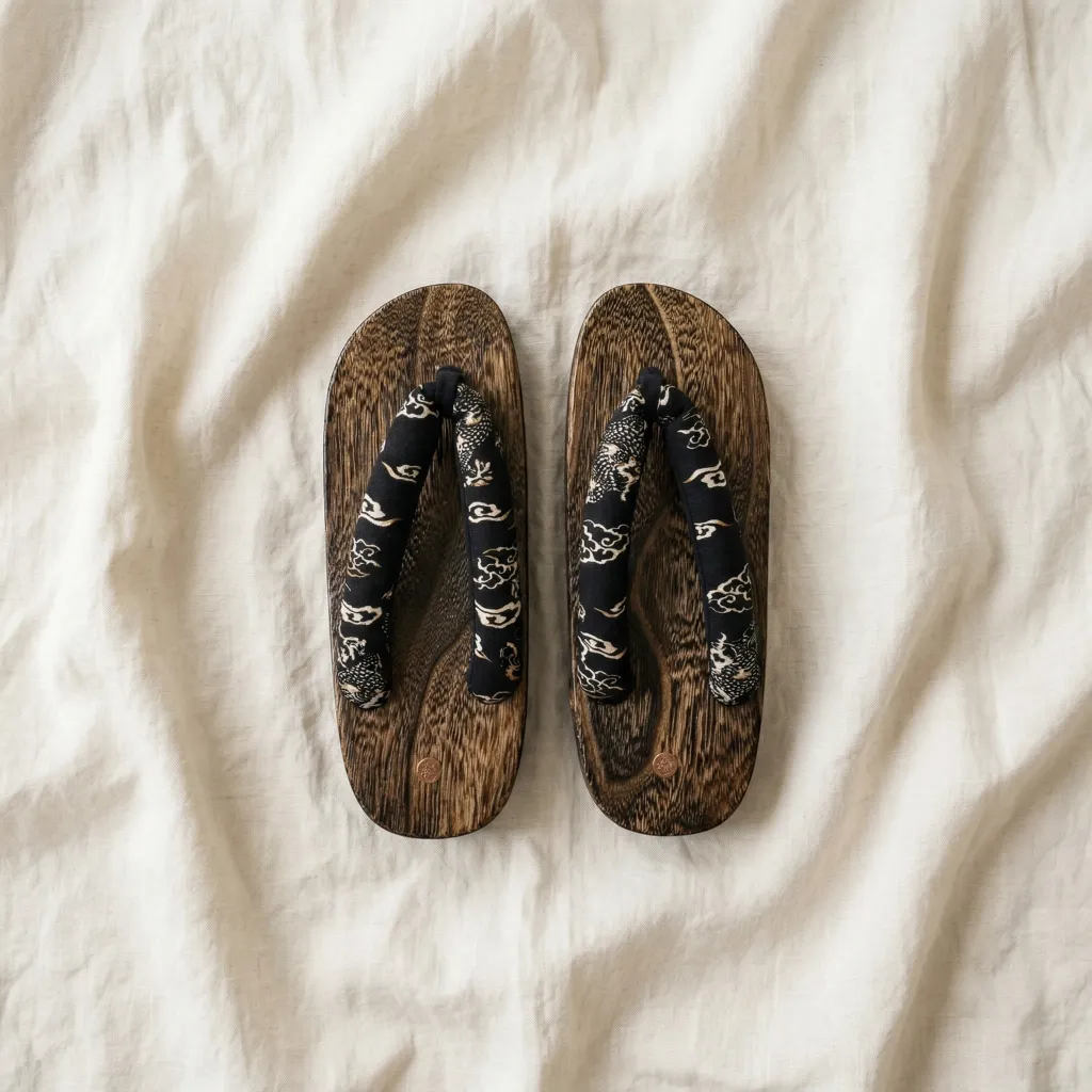 Flat Black Geta Sandals with White Kanji Motifs — a piece designed for serenity
