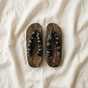 Flat Black Geta Sandals with White Kanji Motifs — view 2