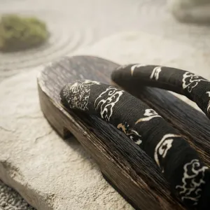 Flat Black Geta Sandals with White Kanji Motifs — view 3