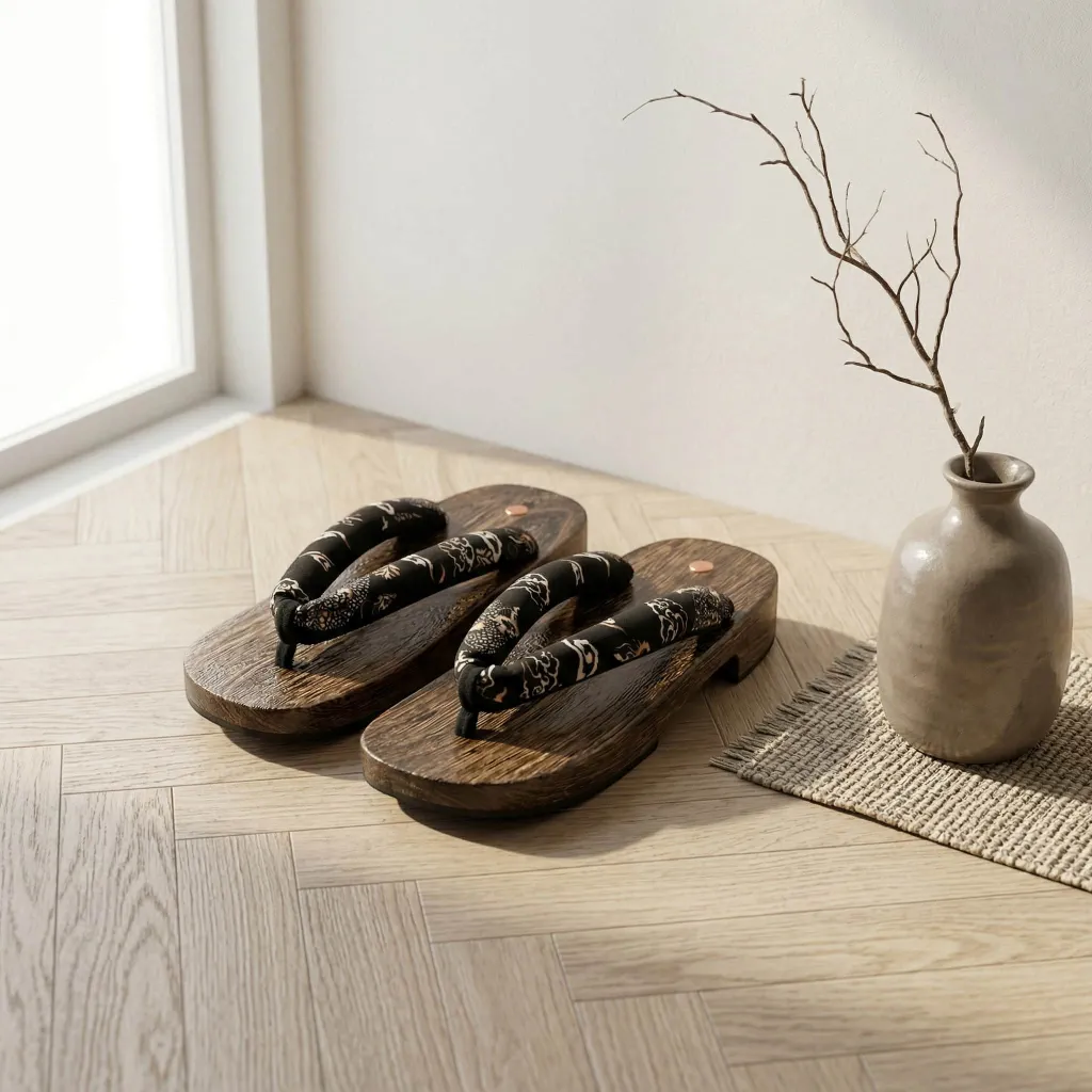 Flat Black Geta Sandals with White Kanji Motifs — flexible, beautiful styling
