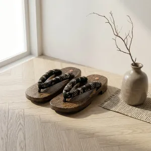Flat Black Geta Sandals with White Kanji Motifs — view 4
