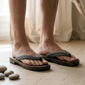 Flat Men's Geta Sandals with Seigaiha Wave Pattern — view 1