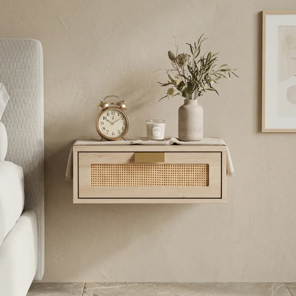 Set of 2 Floating Japandi Nightstands in Rattan