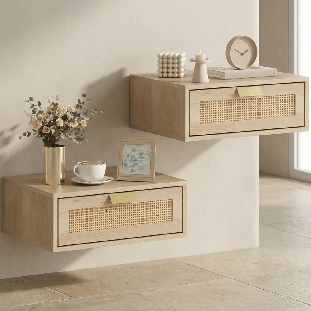 Set of 2 Floating Japandi Nightstands in Rattan — a piece designed for serenity