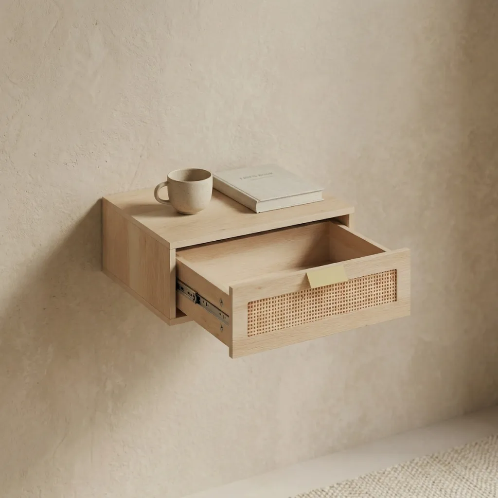 Set of 2 Floating Japandi Nightstands in Rattan — where minimalism meets durability