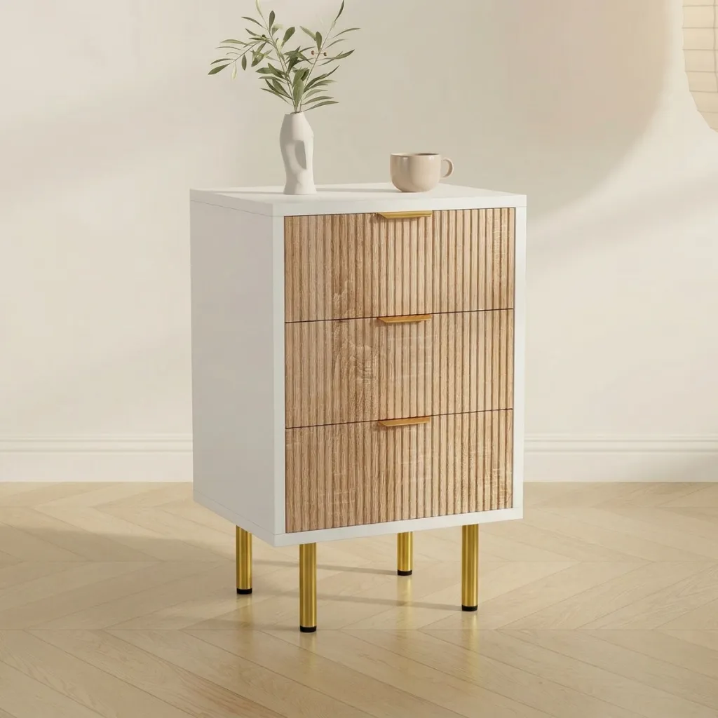 Set of 2 Fluted Japandi Nightstands in Raw and White Wood