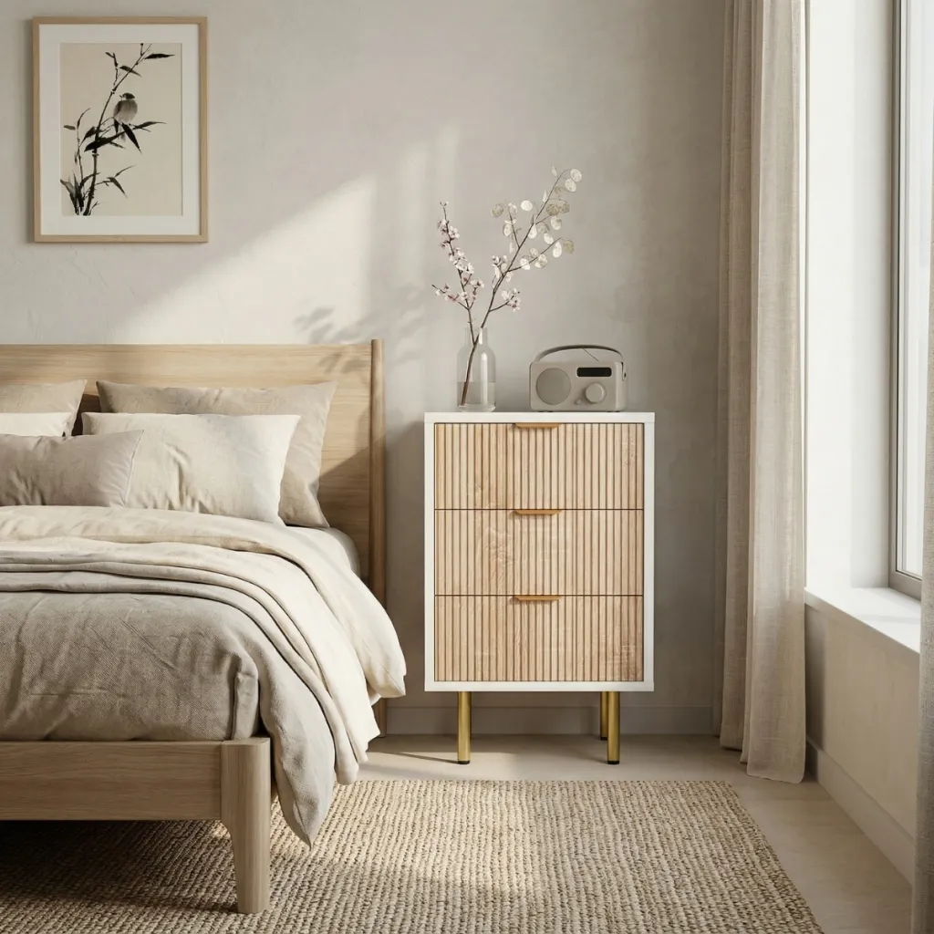 Set of 2 Fluted Japandi Nightstands in Raw and White Wood — a piece designed for serenity