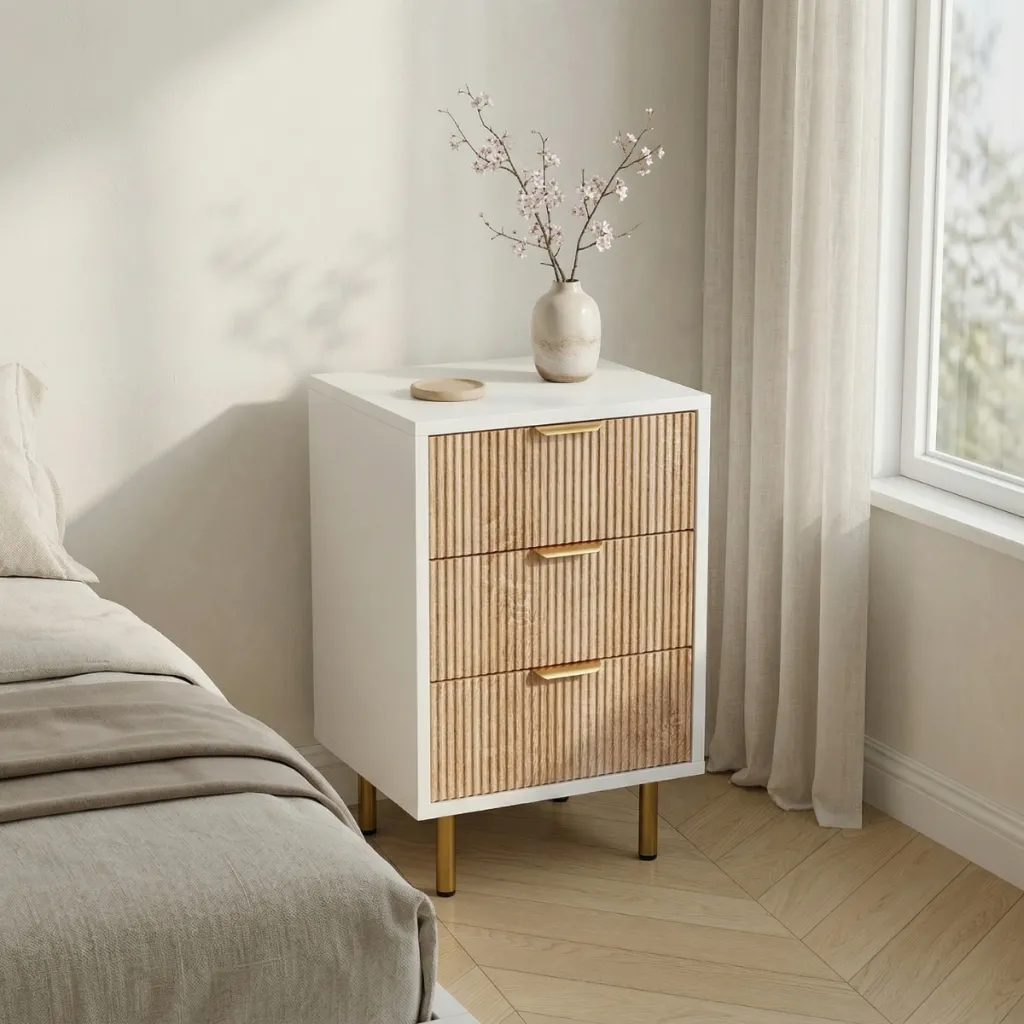 Set of 2 Fluted Japandi Nightstands in Raw and White Wood — where minimalism meets durability