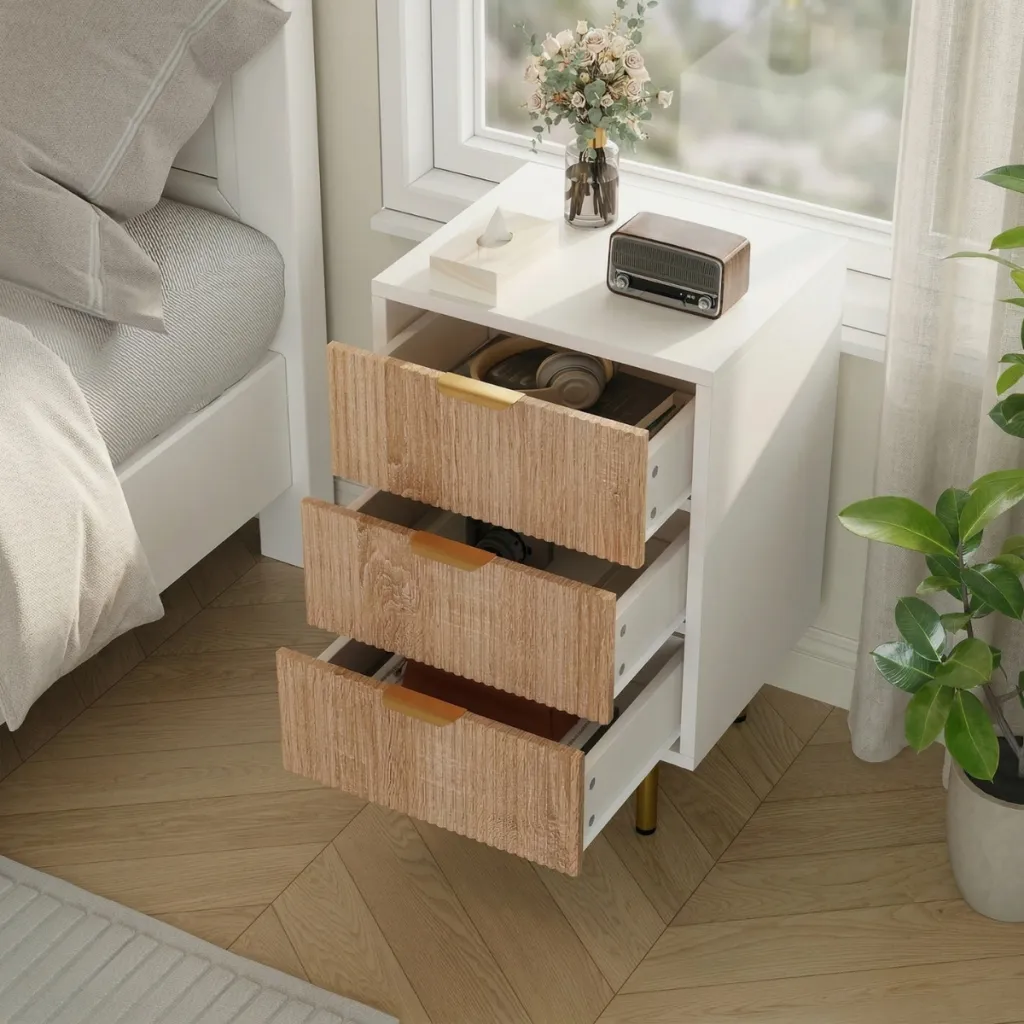 Set of 2 Fluted Japandi Nightstands in Raw and White Wood — flexible, beautiful styling