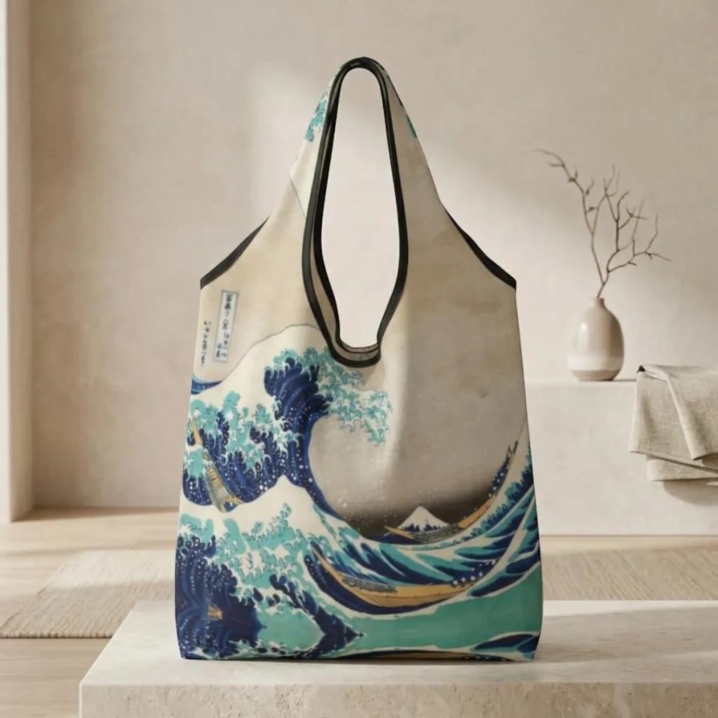 Foldable Japanese Tote Bag, Hokusai Print