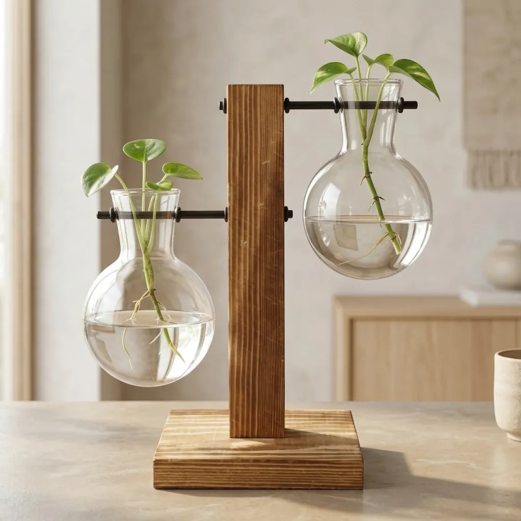 Glass Hydroponic Vases with Wooden Base
