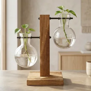 Glass Hydroponic Vases with Wooden Base — view 1