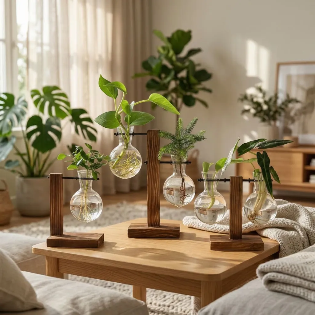 Glass Hydroponic Vases with Wooden Base — a piece designed for serenity