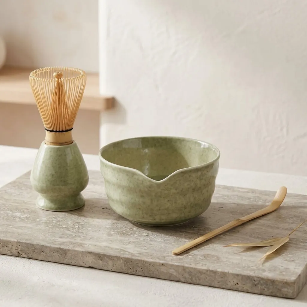 Green Ceramic Japanese Matcha Bowl Set