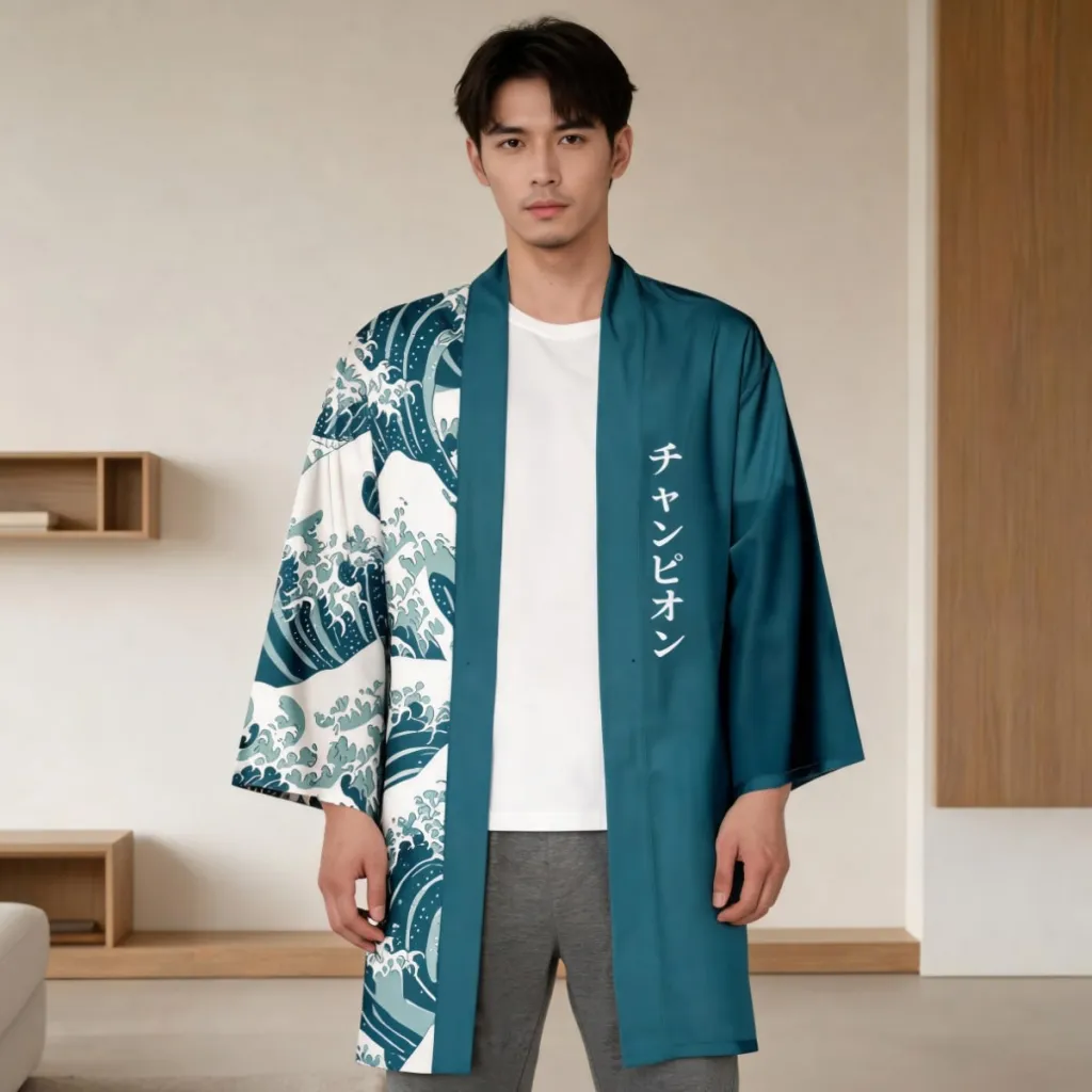 Green Men's Kimono with Wave Print