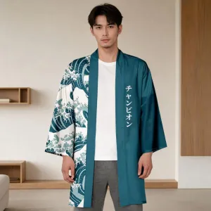 Green Men's Kimono with Wave Print — view 1