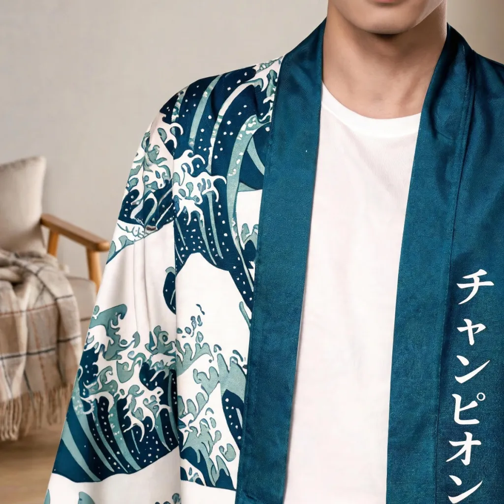 Green Men's Kimono with Wave Print — a piece designed for serenity